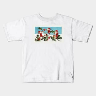 Santa elves painting berries on holly leaves Kids T-Shirt